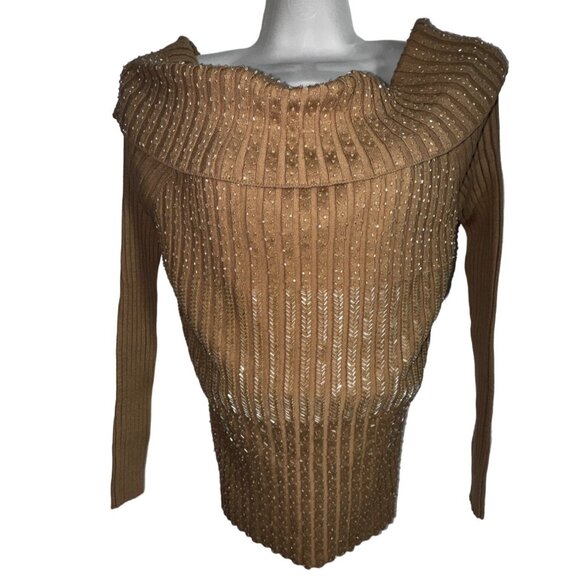 My Favorite Things Colleen Lopez Ribbed Sweater XS Gold Silk & Spandex Glam Luxe - Picture 1 of 6